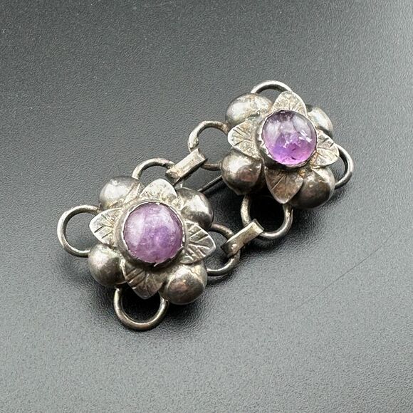 Unique Vintage Sterling Silver Flower Floral Links Amethyst Brooch Pin Mexico 2" - Picture 3 of 14